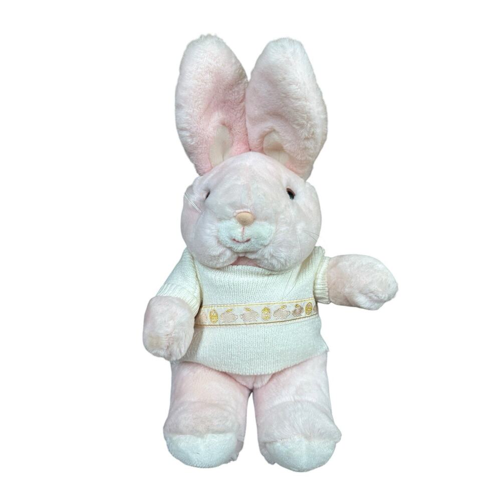 Vtg 80s Animal Playthings Bunny Rabbit Pink 1986 Easter Sweater Stuffed Toy 12”
